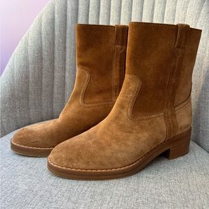 Celine Tan Suede Mid-Calf Chelsea Boots